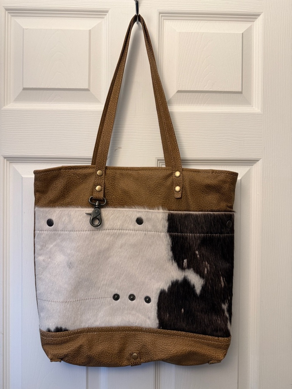 Myra Cowhide Leather Tote Bag in Tan and Black-White